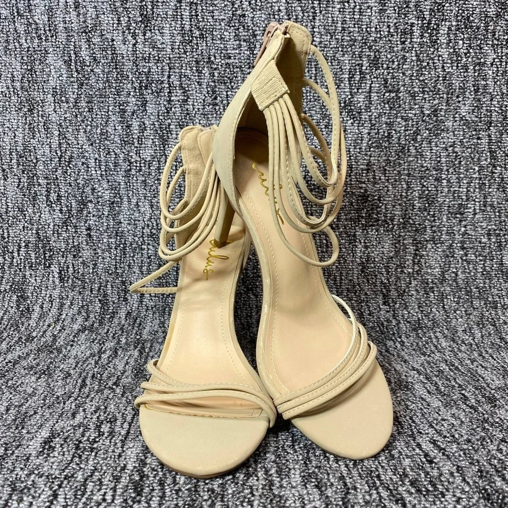 Lulus Strappy Stiletto Sandals Womens 6 Beige‎ Vegan Leather Dress Shoes